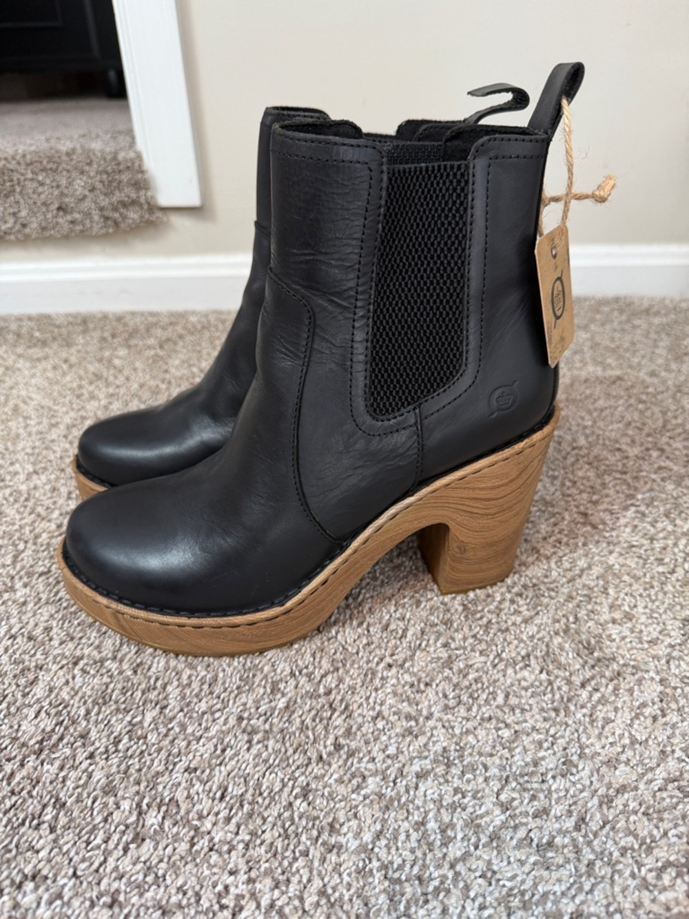 Born Black Leather Channing Ankle Boots with Tan Wood Heel